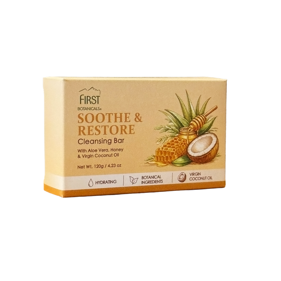 First Botanicals Soothe & Restore Cleansing Bar with Aloe Vera, Honey & Virgin Coconut Oil 120g