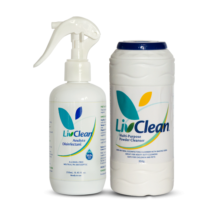 LivClean Suds & Shield Duo (Multi Purpose Powder Cleanser 350g +Anolyte Disinfectant 250g)