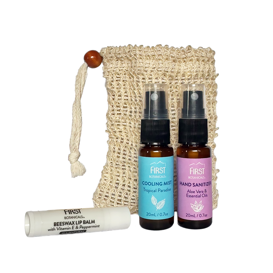 First Botanicals Daily Essentials Set (Cooling Mist 20mL + Hand Sanitizer 20mL + Lip Balm 4g + Sisal Pouch)