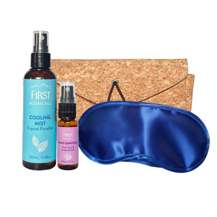 First Botanicals Jetsetter's Bundle (Cooling Mist 100mL, Hand Sanitizer 20mL + Slumber Mask + Cork Pouch)