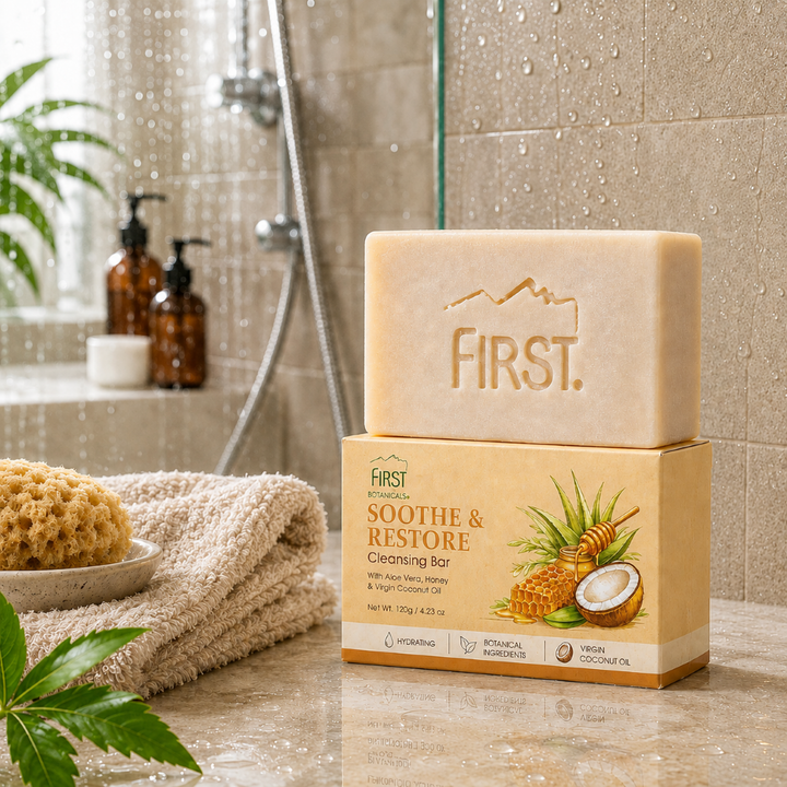First Botanicals Soothe & Restore Cleansing Bar with Aloe Vera, Honey & Virgin Coconut Oil 120g