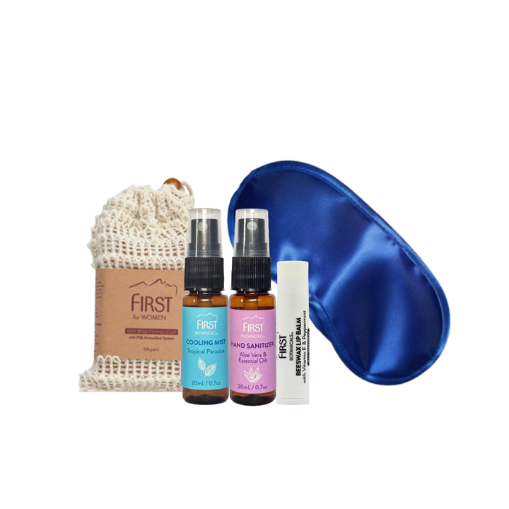 First Botanicals Travel Gift Set (Cooling Mist 20mL, Hand Sanitizer 20mL + Lip Balm + Brightening Soap 125g + Slumber Mask)