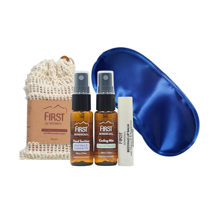 First Botanicals Travel Gift Set (Cooling Mist 20mL, Hand Sanitizer 20mL + Lip Balm + Brightening Soap 125g + Slumber Mask)